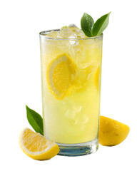 fresh lemonade in glass with lemon and mint on transparent background