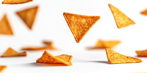 Naklejka premium Tortilla Chips in Mid-Air: A Delicious Snapshot of Crispy, Seasoned Triangle Snacks