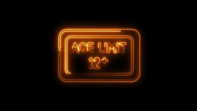 Age limit twelve plus neon sign glowing on black background suitable for various applications