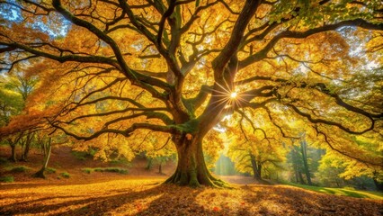 A lone tree stands tall in a forest bathed in golden autumn sunlight, its branches reaching towards the sky like arms in prayer.