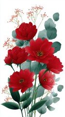 Fototapeta premium Watercolor Illustration of Red Flowers with Eucalyptus and Gypsophila on White Background