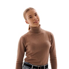 Young woman smiling confidently while wearing a turtleneck sweater in a bright studio setting...