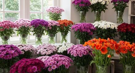 Fototapeta premium Colorful Flowers in Vases by Window