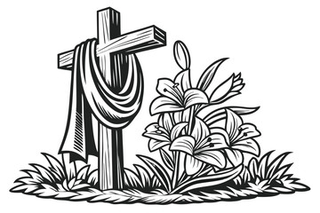 87 Religious cross, draped cloth, Easter lilies, floral arrangement, black and white illustration, woodcut style, Christian symbolism, resurrection theme, spiritual imagery, detailed linework, sacred 