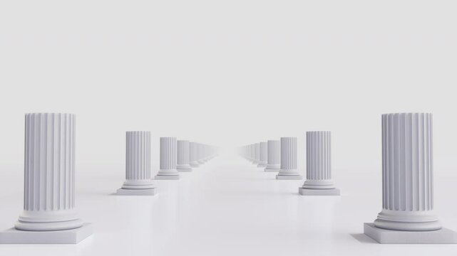 4K 3D slow camera fly-through along a perfectly aligned alley of white half-columns forming an endless architectural tunnel. Clean minimalist space with smooth motion and serene classical symmetry.