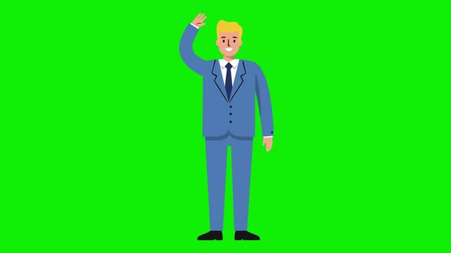 Animated fair-skinned man with curly blond hair, wearing a light blue business suit and waving on a green screen. Great for educational presentations, HR videos, or corporate character sets.