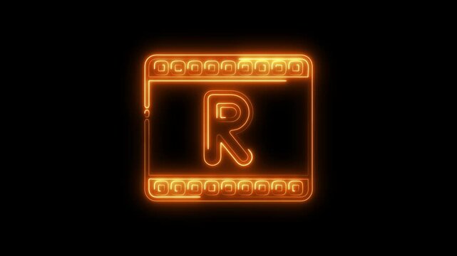 Glowing neon r letter in retro film strip frame on black background