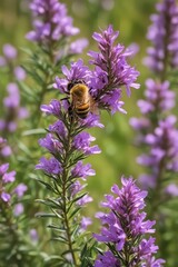 A bee pollinating vibrant purple rosemary blossoms in a sun-drenched meadow , wildlife, lavender