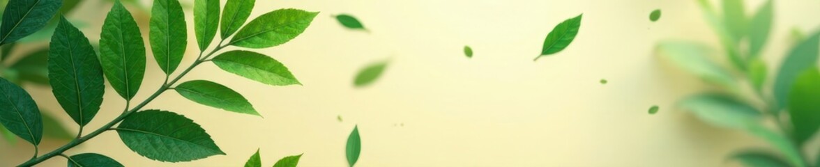 Dark green leaves scattered on beige background, verdant, ambient