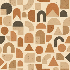 Seamless pattern of modern abstract geometric shapes in neutral earth tones, ideal for packaging and home decor.
