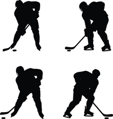 Set of Ice Hockey Player Silhouette Shooting Puck – Full Gear Vector in Action Pose on White Background