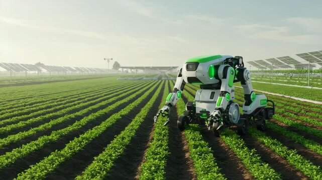 Modern agricultural robot working in a smart farm field with green crops under clear sky