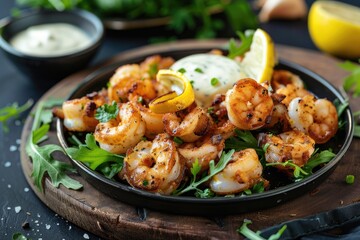 Fototapeta premium grilled calamari with lemon aioli with salad leaves