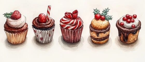 Five assorted cupcakes, decorated with fruit and candy, displayed in a row on a white background. Watercolor style illustration