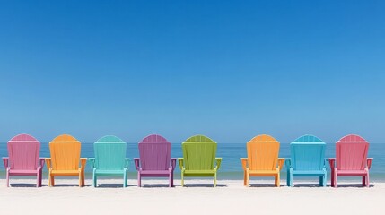 Row of colorful beach chairs on sandy beach by the ocean