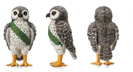 Fototapeta premium Soft plush harrier owl toy featuring intricate celtic knot design and vibrant detailing