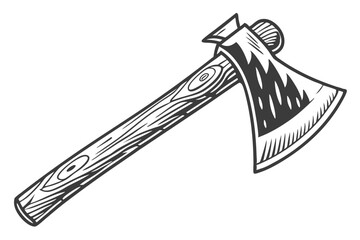 88 Black and white illustration, axe head, woodcut style, bold lines, high contrast, graphic design, simple shape, iconic tool, lumberjack symbol, rustic, woodworking implement, sharp edge, wooden han