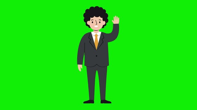 Loop animation of a cartoon man with black curly hair and light skin, wearing a dark green suit and an orange tie, waving on a green background. Great for business explainer videos or animated present