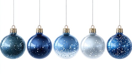 Five hanging glass ornaments in shades of blue and white, speckled with faux snow.  Perfect for winter decor