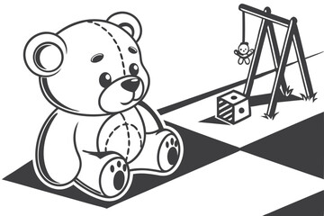 89 Black and white illustration, teddy bear silhouette, simple design, cute cartoon style, rounded shapes, child's toy, iconic bear symbol, minimalist artwork, vector graphic, symmetrical composition,