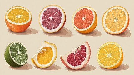 A series showcasing the various types and colors of citrus fruits, including oranges, lemons, limes, and grapefruits, arranged in an elegant composition with soft shadows on a neutral background