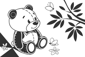 89 Black and white illustration, teddy bear silhouette, simple design, cute cartoon style, rounded shapes, child's toy, iconic bear symbol, minimalist artwork, vector graphic, symmetrical composition,