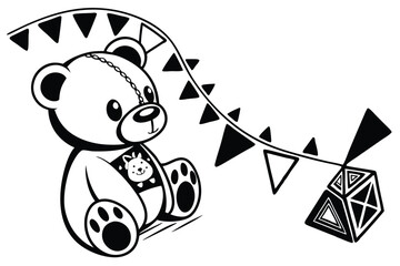 89 Black and white illustration, teddy bear silhouette, simple design, cute cartoon style, rounded shapes, child's toy, iconic bear symbol, minimalist artwork, vector graphic, symmetrical composition,