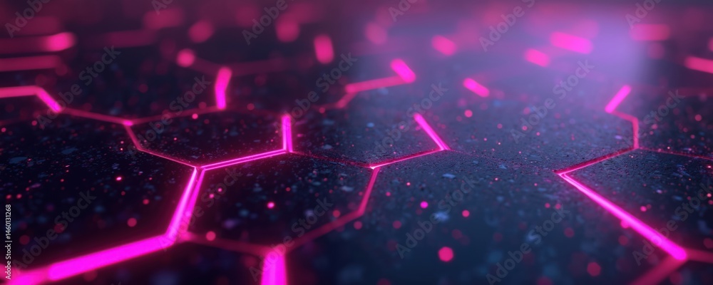 Poster abstract neon cyberpunk illustration. hexagon grid with purple glow. digital tech design for gaming,