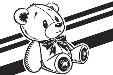 89 Black and white illustration, teddy bear silhouette, simple design, cute cartoon style, rounded shapes, child's toy, iconic bear symbol, minimalist artwork, vector graphic, symmetrical composition,