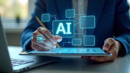 Ai, Artificial intelligence, Man uses laptop to access artificial intelligence tools for content Creation, Chatbots, Image generation, Coding, Translation, and Digital advertising solutions