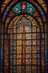 Arched stained glass window, vibrant hues, light streaming through , antique, colorful