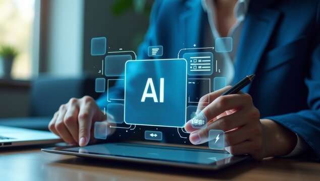 Ai, Artificial intelligence, Man uses laptop to access artificial intelligence tools for content Creation, Chatbots, Image generation, Coding, Translation, and Digital advertising solutions