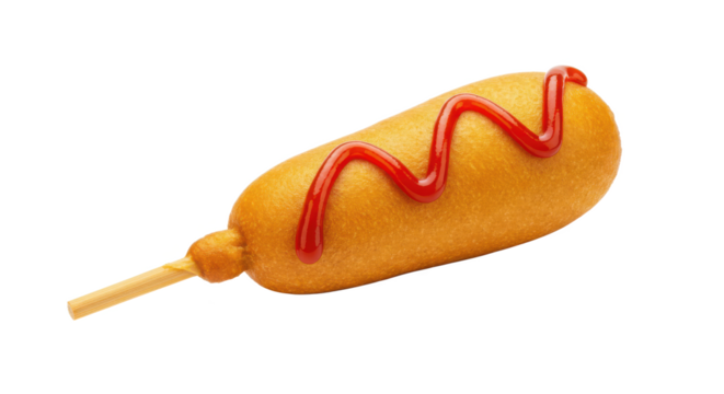 A single corn dog with ketchup drizzled on top against a black and white checkered background plain and simple