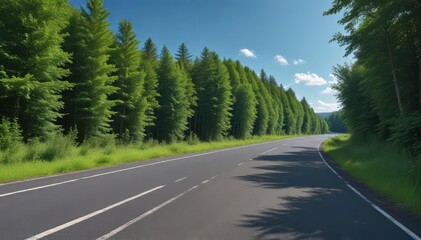 Fototapeta premium Asphalt road cuts through lush green forest, blue sky above , majestic, foliage