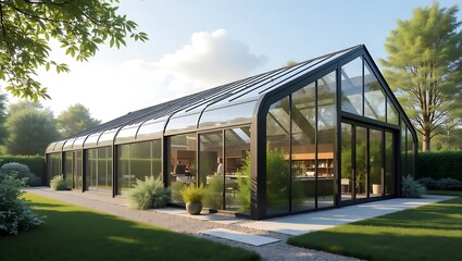 Obraz premium Modern glasshouse in scenic landscape, showcasing indoor outdoor living space
