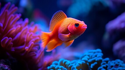 Fototapeta premium A Vibrant Aquatic Life, Goldfish Amidst Neon Anemones and Coral Reef