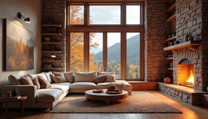 Fototapeta premium Cozy living room interior with warm fireplace. Comfortable sofa, rustic wooden furniture, stone walls, bookshelves, window. Autumn mountain view adds tranquility, serenity. Home decor combines