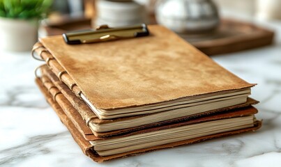 Stack of vintage leather-bound journals rest on marble surface.  Aged, textured covers