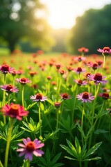 Fototapeta premium Field of Schafgarbe Achillea millefolium in summer sunlight, greenery, nature, herb
