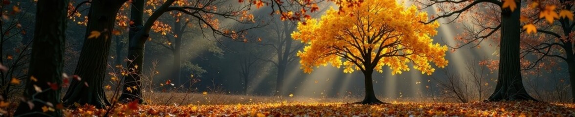 Forest scene with a bright yellow tree amidst bare branches, autumn, changing seasons