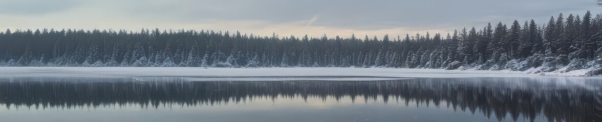 Fototapeta premium Frozen lake reflects pale winter sky, sunlight on snow-covered evergreens , sunlight, graphic, trees