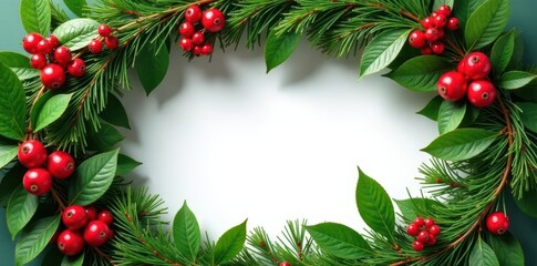 Lush green wreath, red berries, abundant foliage, berry branches, holiday, deep green