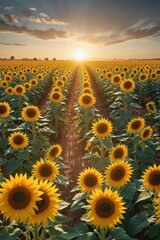 Obraz premium Massive sunflower field tracking the sun's path, floral, extensive, yellow