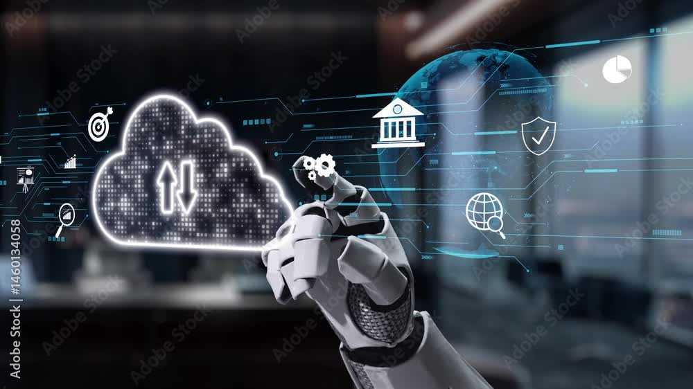 Poster a robotic hand engaged with a digital cloud interface signifies the merging of technology and office