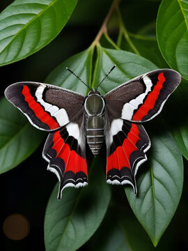 Close up of Night butterfly Agrius convolvuli the convolvulus hawk-moth. Very large fluffy butterfly with vivid black and red stripe pattern on wings seets on leaf of evergreen tree. Selective focus