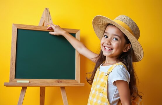 Happy young girl points finger chalkboard. Cute child smiling, wearing hat and yellow dress. School theme. Back to school concept. Cheerful kid, learning. Education, summer vacation.