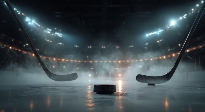 Fototapeta Exciting Hockey Match With Sticks and Puck on Ice Rink During Nighttime