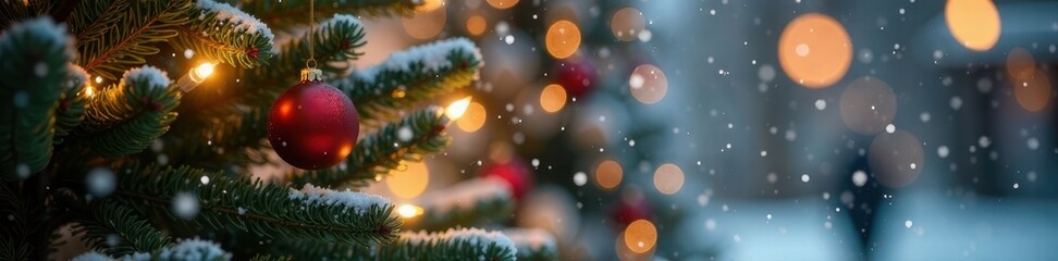 Snowflakes gently fall around a soft focus Christmas tree, soft focus, , fall