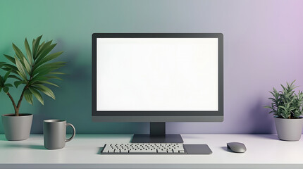 A modern workspace with a blank computer screen is flanked by two potted plants and a grey mug against a gradient green and purple wall