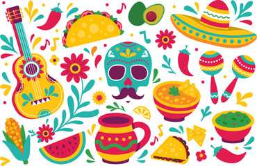 Mexican culture vector set with tacos, guacamole, guitar, chili, sombrero, and fiesta symbols. Perfect for celebrating Cinco de Mayo, Day of the Dead, or Mexican-themed events